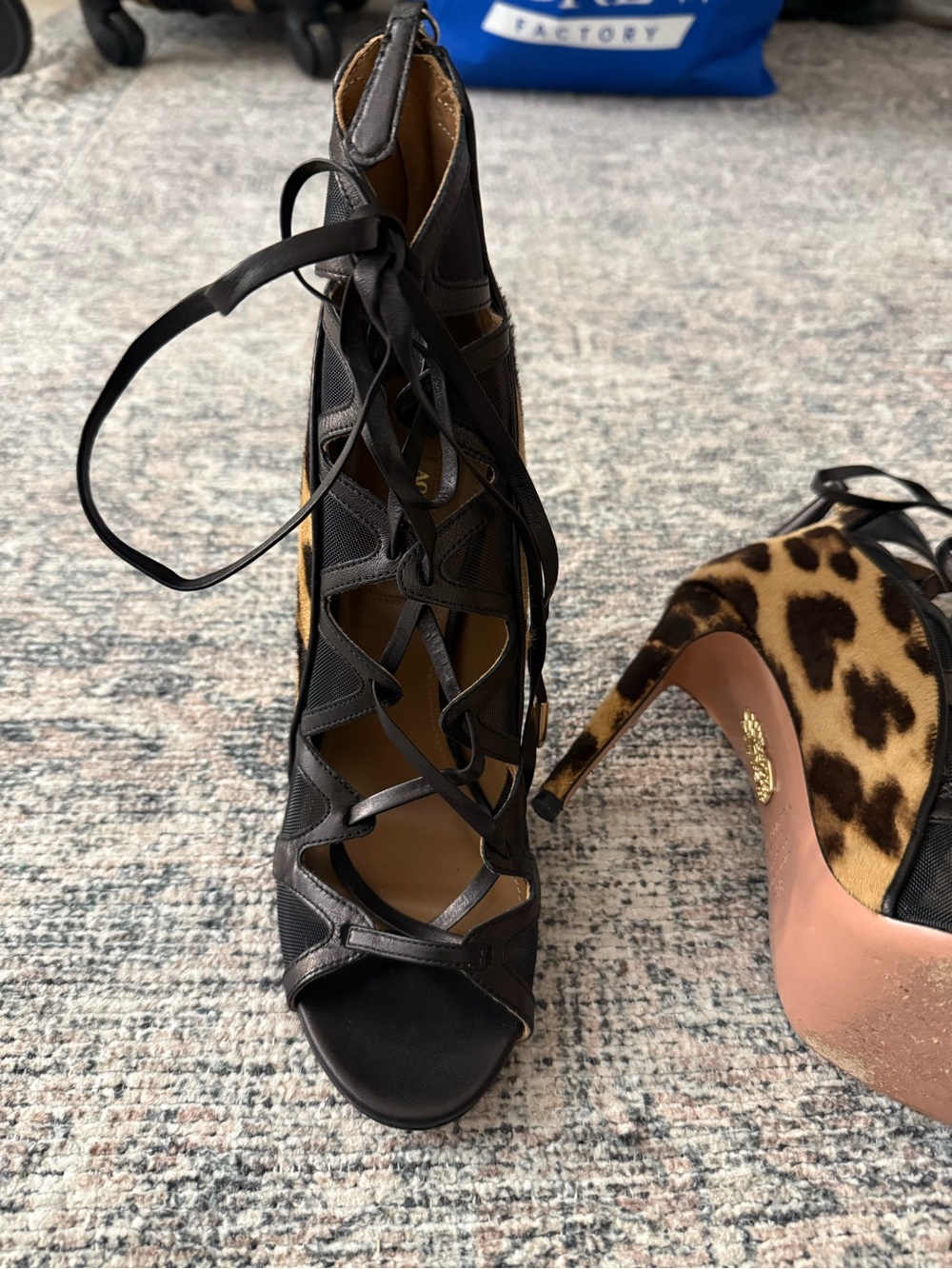 Aquazzura Leopard Print and Black Lace-Up Stiletto Sandals - Picture 3 of 12